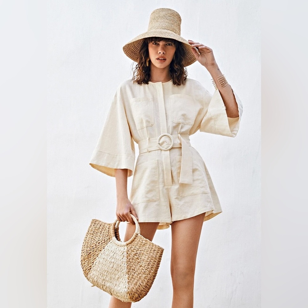 (XS) SHEIN Bell Sleeve Patch Pocket Buckle Belted Romper
